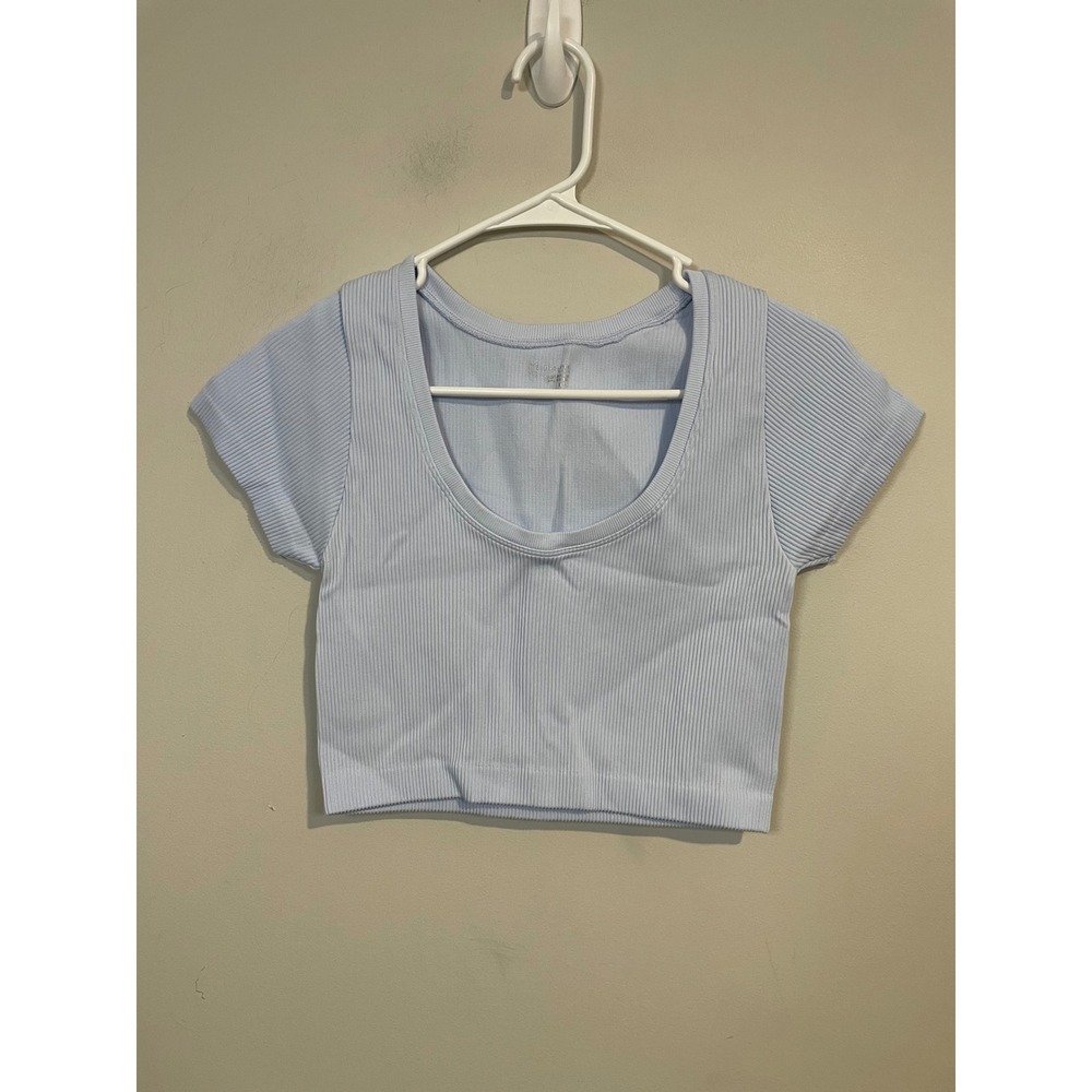 Aerie Baby Blue Ribbed‎ Seamless Ribbed Scoop Neck Cropped Tee Size Medium